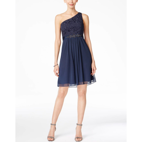 Adrianna Papell NWT Navy Blue Midi Cocktail Dress One Shoulder Lace Rhinestone 4 - Picture 1 of 12